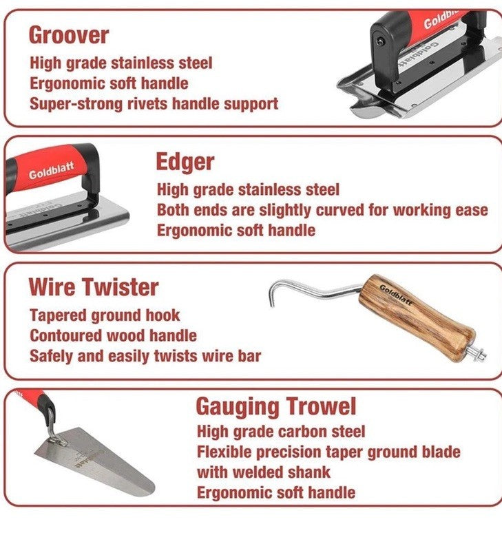 Goldblatt 8 Pieces Masonry Hand Concrete And Cement Tools Set With 16'' Tool Bag